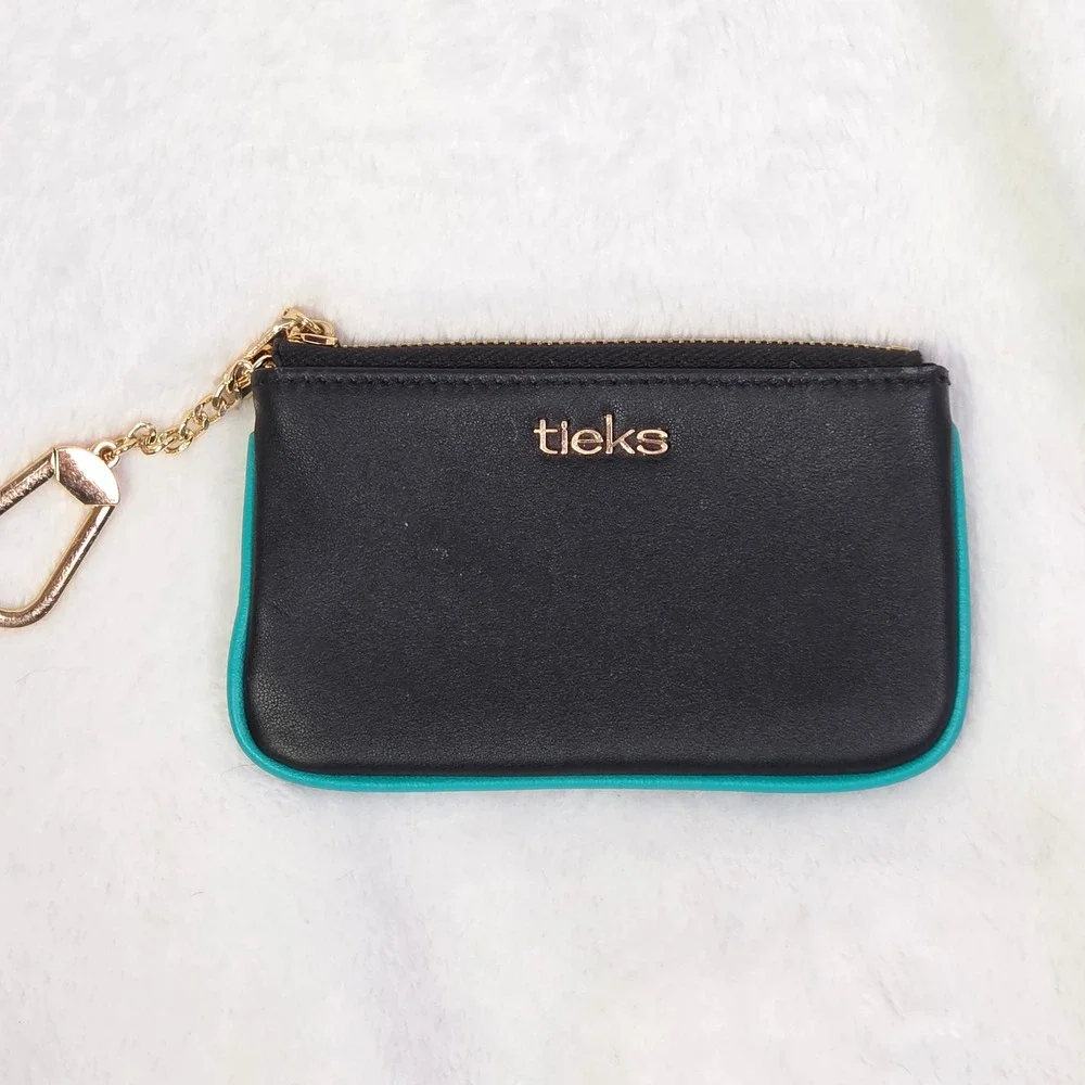 Tieks by Gavrieli Black Leather Coin Purse Keychain Teal Blue Trim‎ Gold